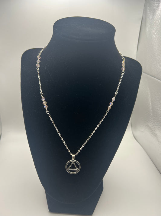 Serenity Prayer Wire-Wrapped Pink Crystal Necklace with AA Symbol