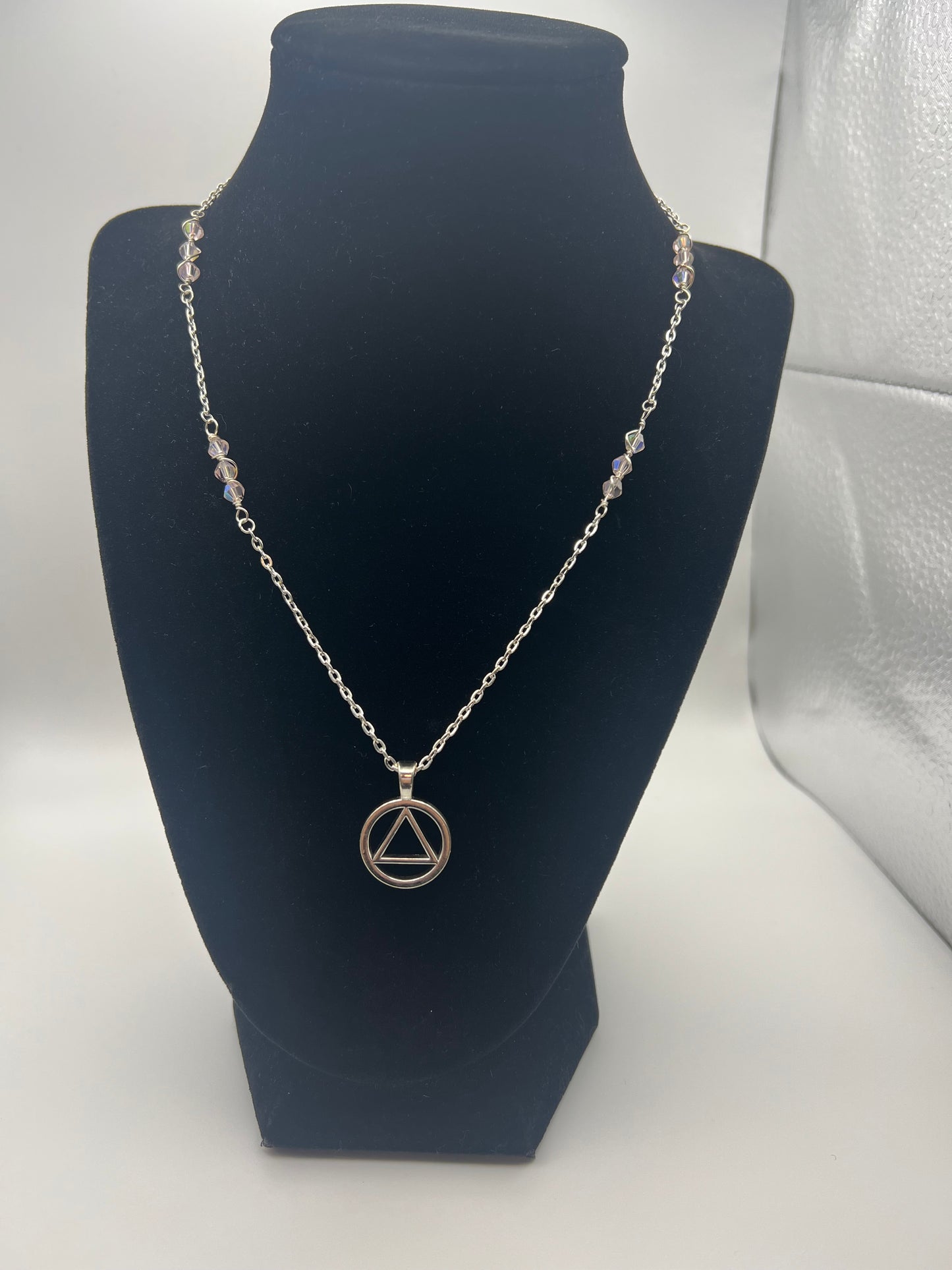 Serenity Prayer Wire-Wrapped Pink Crystal Necklace with AA Symbol